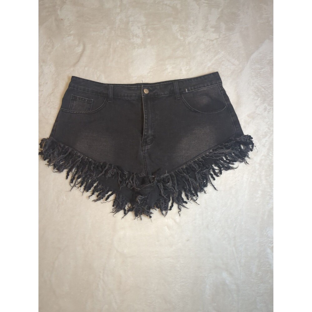Frayed Hem Black Denim Shorts